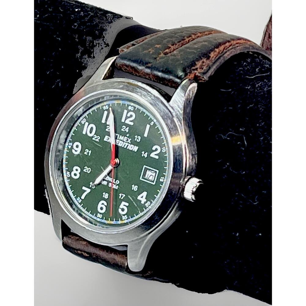 Timex Expedition Mens Watch 36mm Green Dial Leather Indiglo Date *Needs Battery - Picture 3 of 13